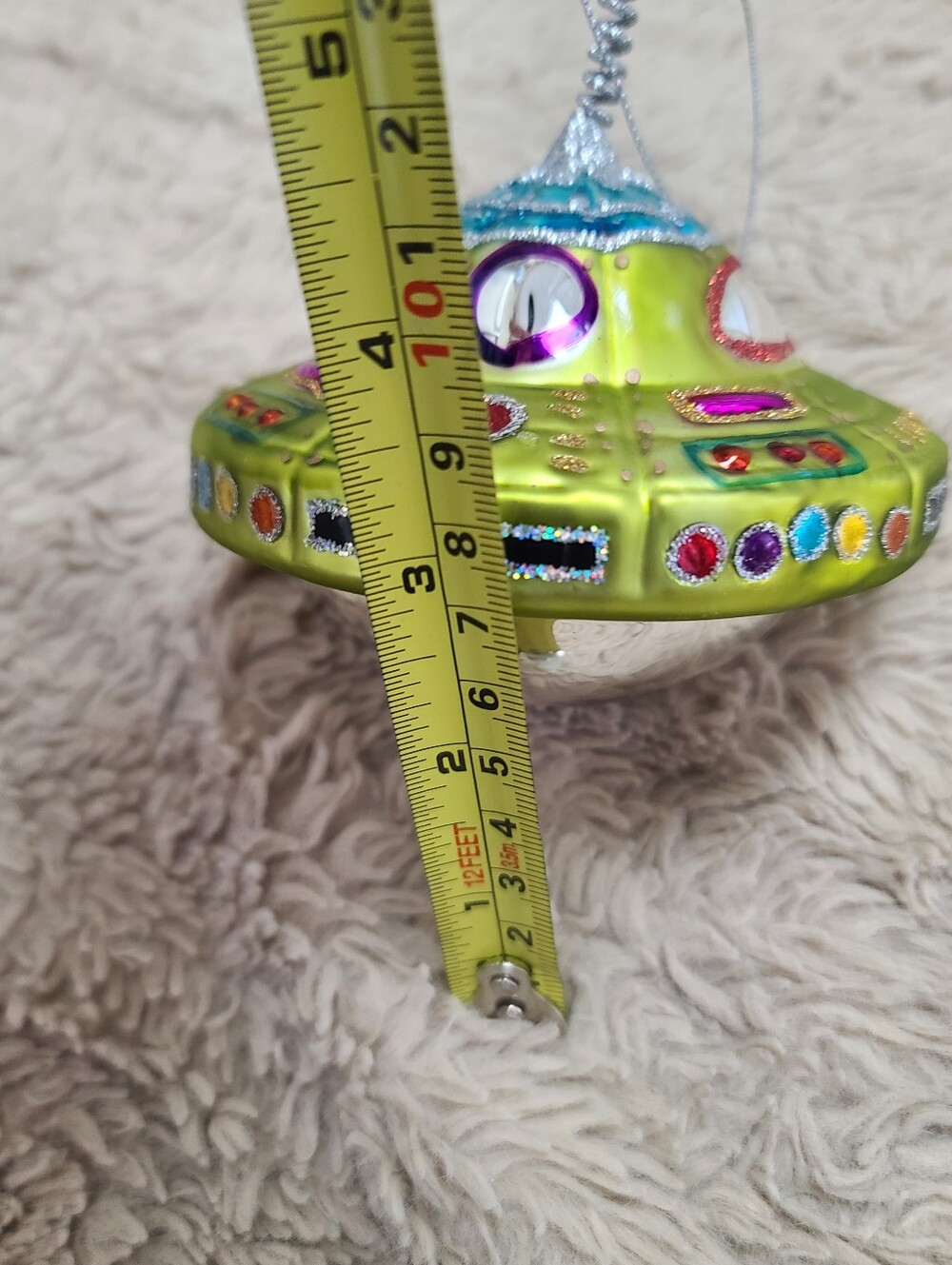 Green UFO Glass Ornament with Multicolor Gem Accents, Alien Flying Spaceship - Picture 6 of 6